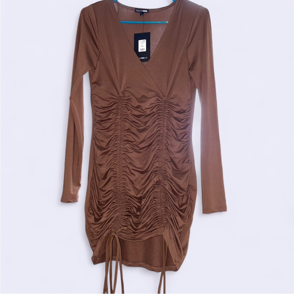 Fashion Nova Chocolate Long Sleeve Ruched Dress